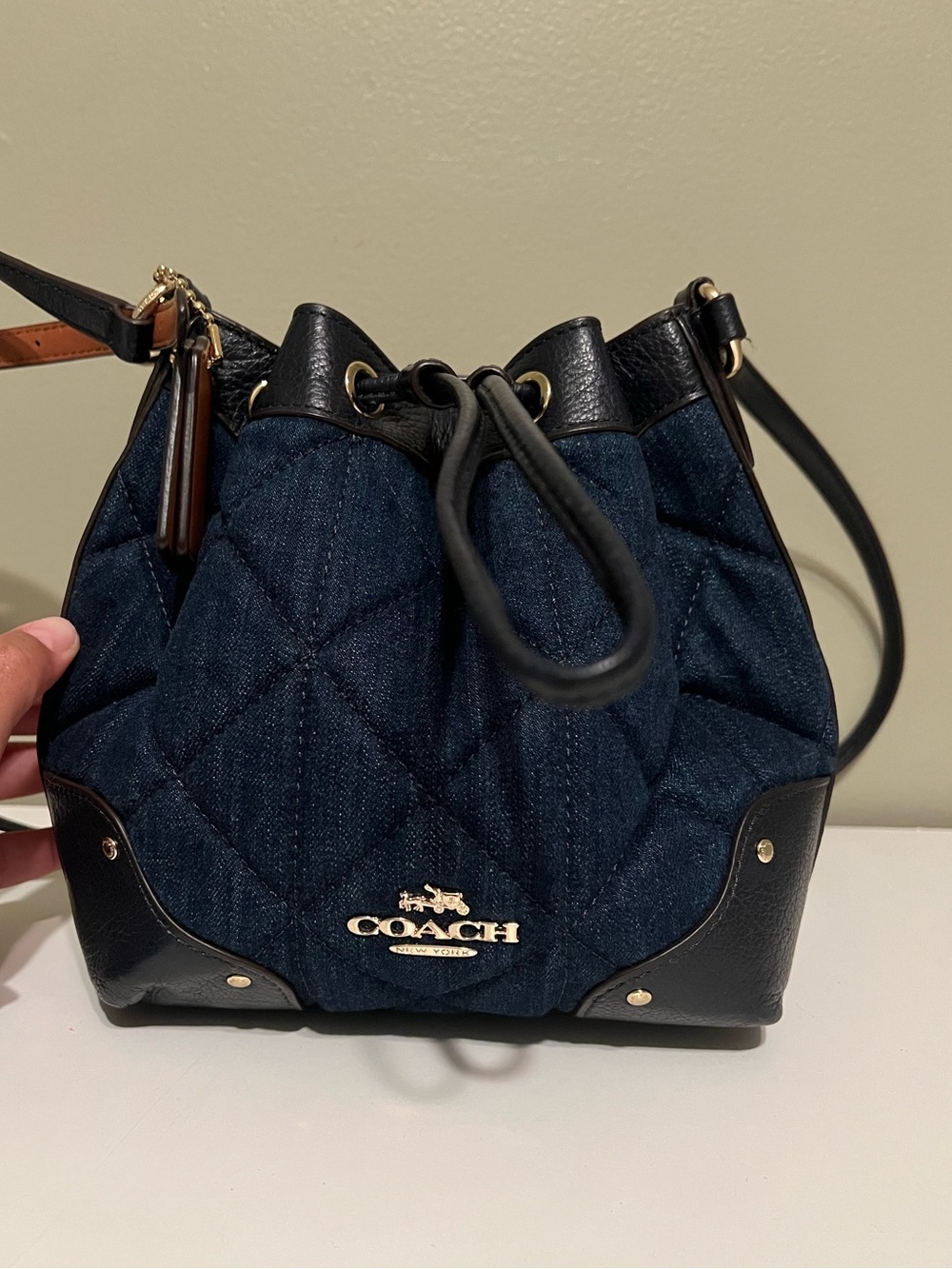 Coach Quilted Denim Drawstring Bucket Crossbody in Dark Blue and Black